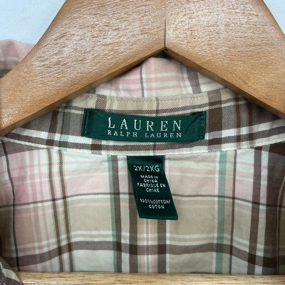 Lauren Ralph Lauren Womens 2X Plaid Ruffle Front Button Down Cotton Blouse Pink - Picture 3 of 11